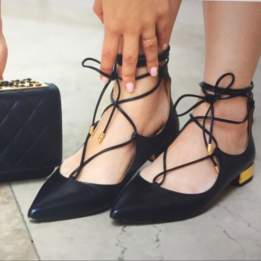 Aquazzura Christy Lace-Up Pointed-Toe Black Flats